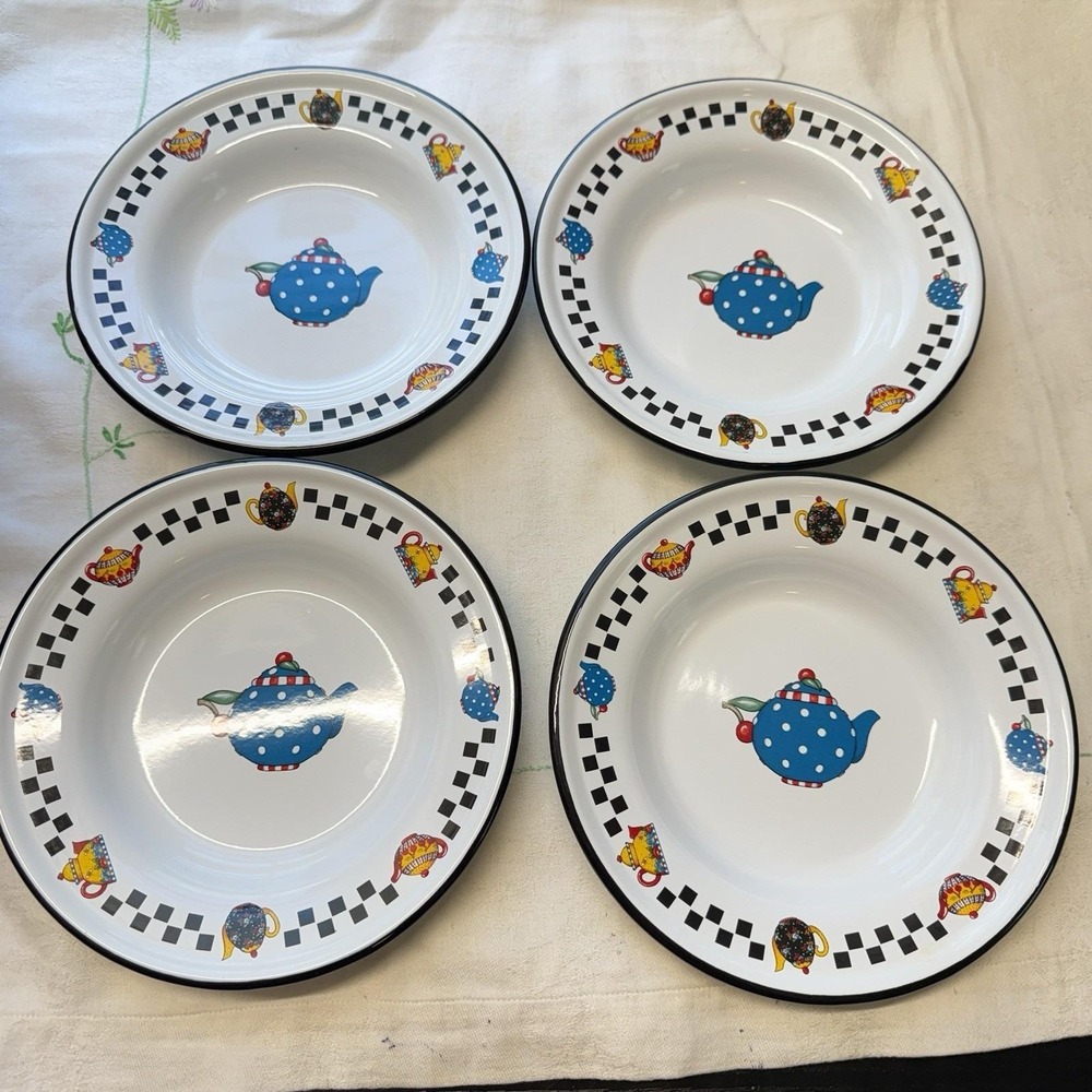 Set of 4 Mary Engelbreit Teapot Enamel Metal 7.25" Salad Plates White Black